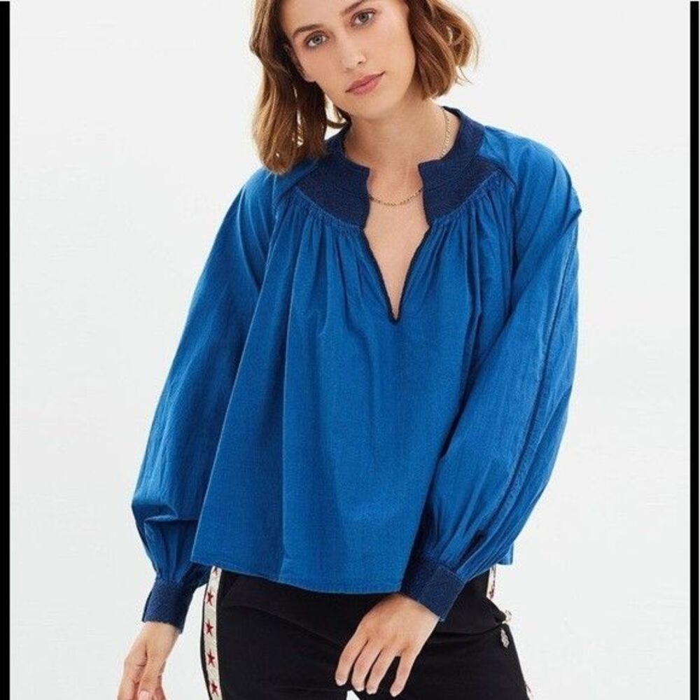 Scotch & Soda Top Size S Peasant Bohemian Blouse Smocked Embroidered Blue
